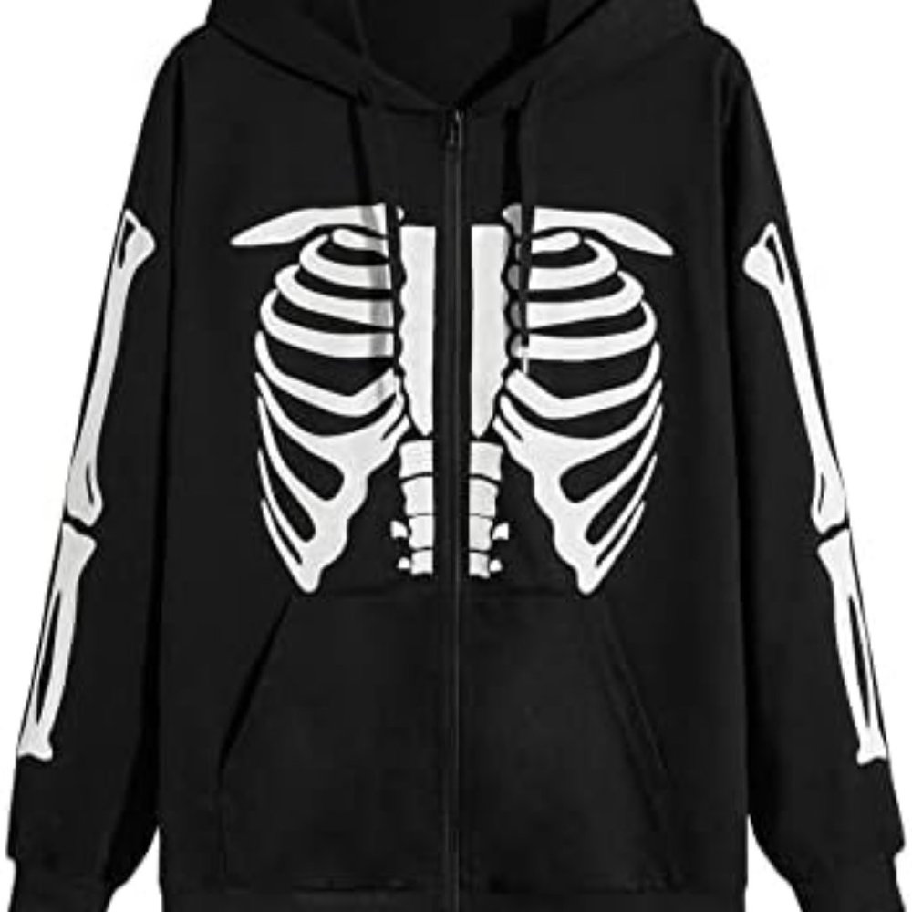 ROMWE Skeleton Y2K Zip Up Hoodie (Black & White)
